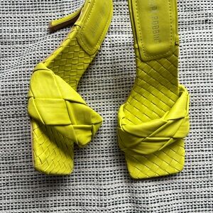 Cape Robbin Yellow Heels with Weaved Strap and Short Heel